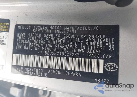 2004 Toyota Camry Le from USA, damaged, VIN 4T1BE32KX4U327283